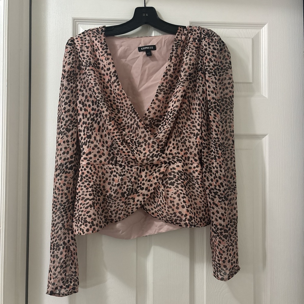 Express Soft Pink and black Leopard Print Long Sleeve Blouse